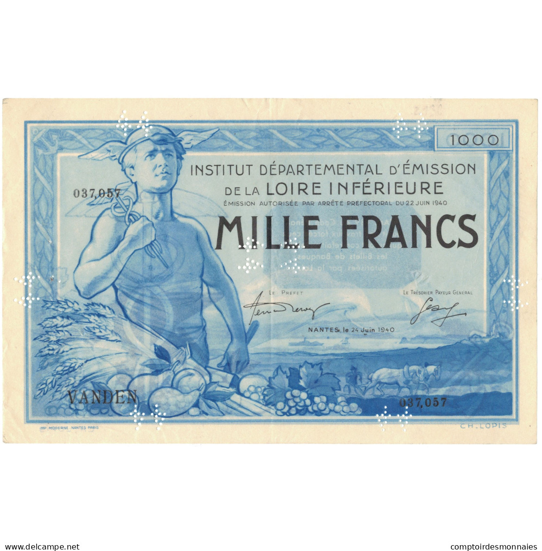 France, Nantes, 1000 Francs, 1940, Specimen, TTB+ - Chambre De Commerce