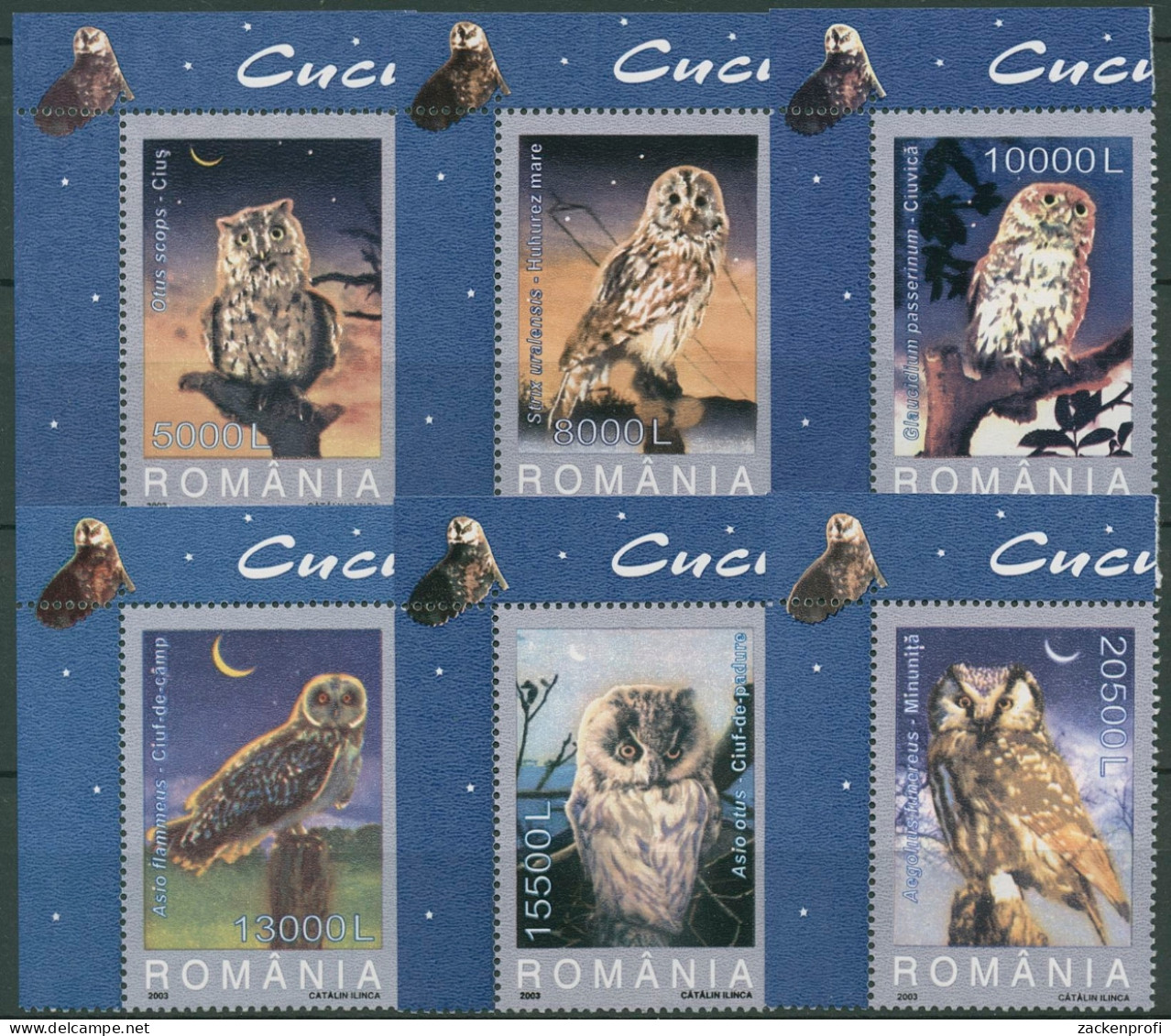 Rumänien 2003 Tiere Vögel Eulen 5729/34 Ecke Postfrisch - Unused Stamps