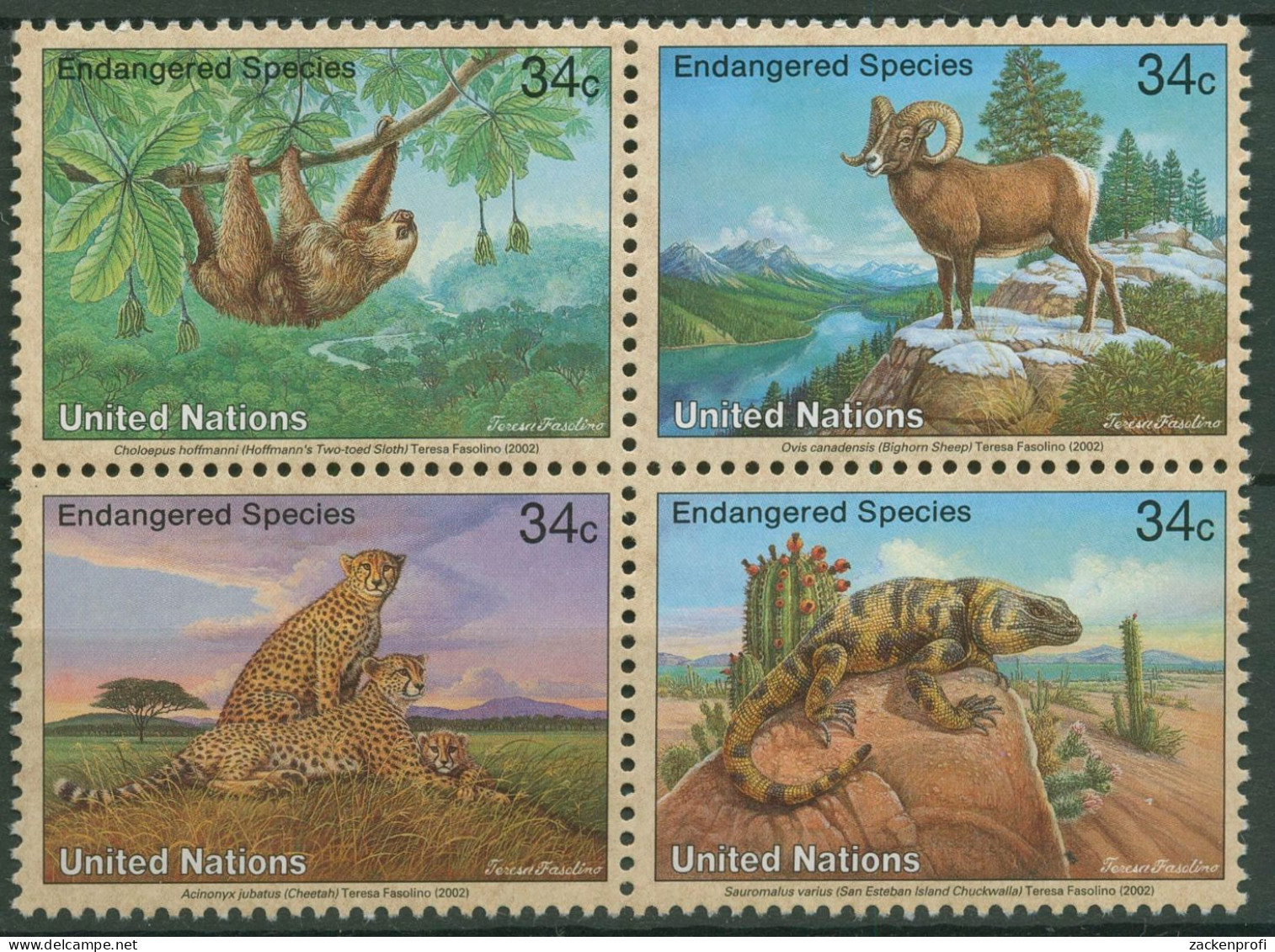 UNO New York 2002 Gefährdete Tiere Faultier Schaf Gepard 890/93 ZD Postfrisch - Unused Stamps