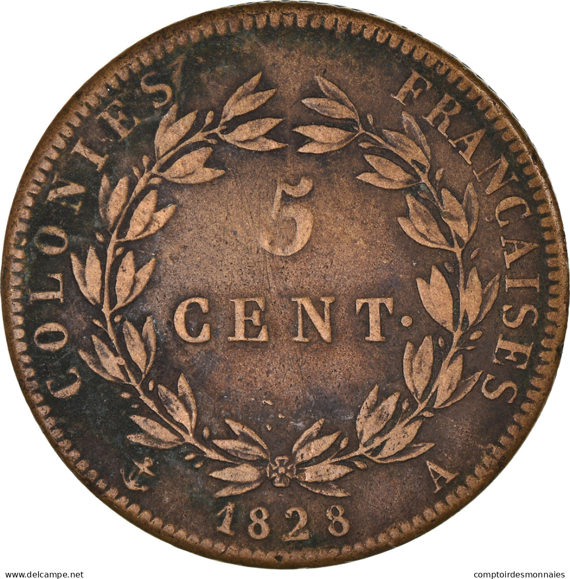 Monnaie, Colonies Françaises, Charles X, 5 Centimes, 1828, Paris, TTB, Bronze - Andere & Zonder Classificatie