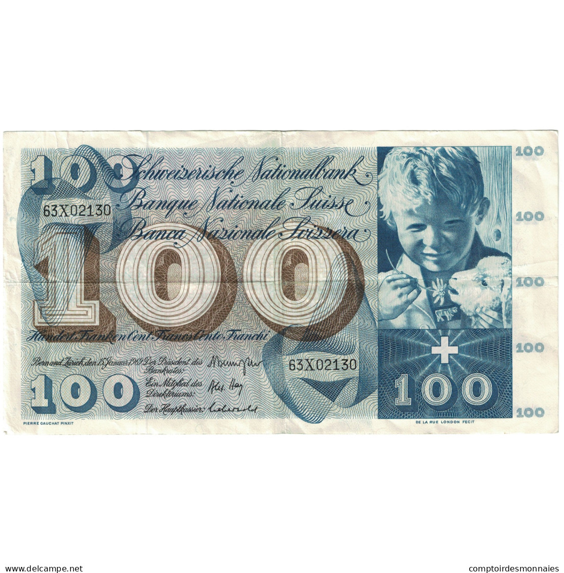 Billet, Suisse, 100 Franken, 1969, 1969-01-15, KM:49k, TB - Suiza