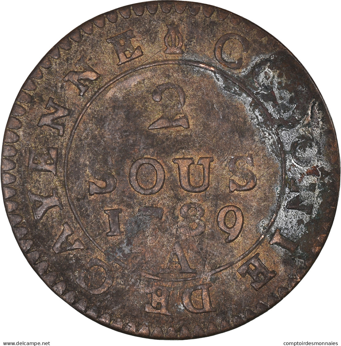 Monnaie, Guyane Française, 2 Sous, 1789, Paris, TTB, Billon, KM:1, Lecompte:20 - Sonstige & Ohne Zuordnung