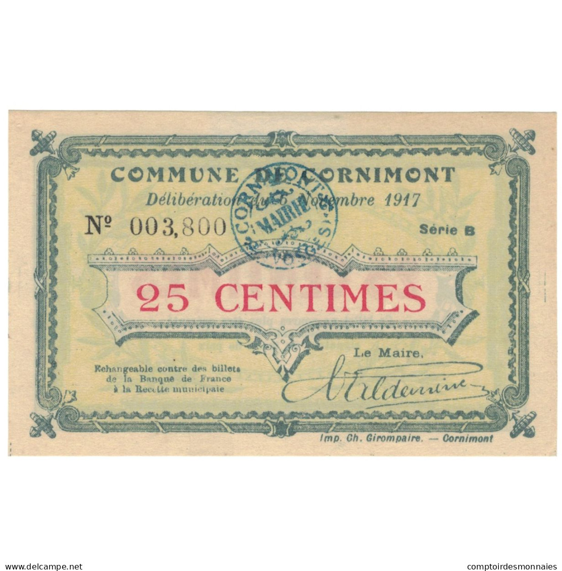 France, Cornimont, 50 Centimes, 1915, Emission Municipale, SUP, Pirot:88-10 - Bonds & Basic Needs