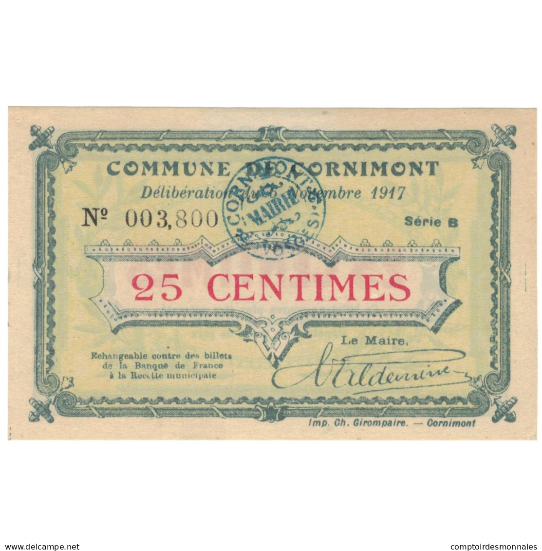 France, Cornimont, 50 Centimes, 1915, Emission Municipale, SUP, Pirot:88-10 - Bons & Nécessité