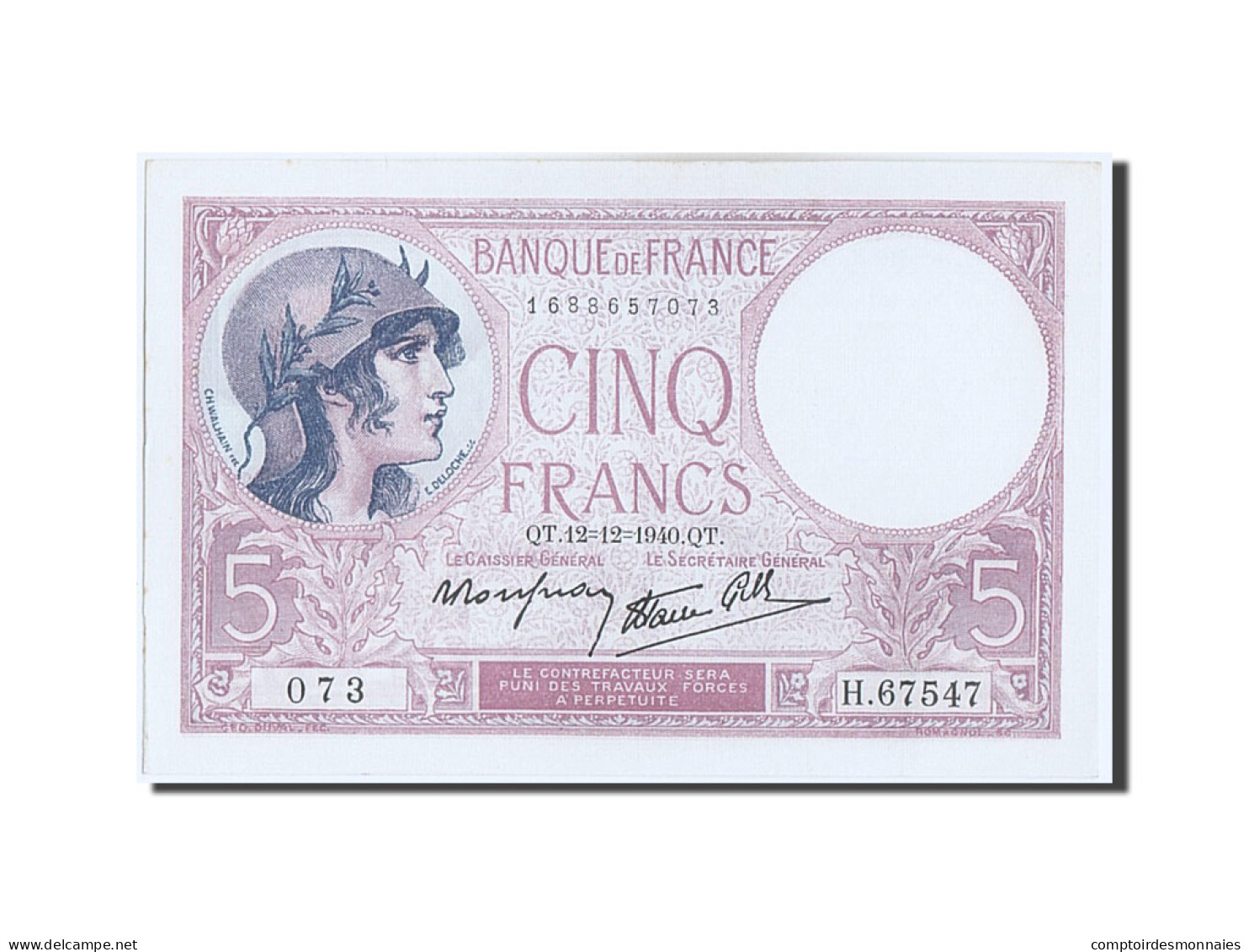 Billet, France, 5 Francs, 5 F 1917-1940 ''Violet'', 1940, 1940-12-12, SUP+ - 5 F 1917-1940 ''Violet''