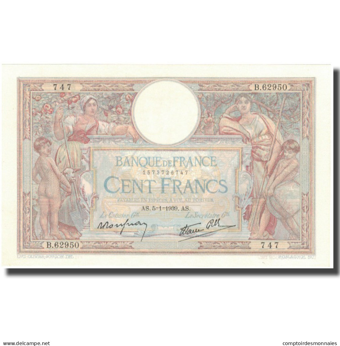 France, 100 Francs, Luc Olivier Merson, 1939, 1939-01-05, SPL+, Fayette:25.38 - 100 F 1908-1939 ''Luc Olivier Merson''