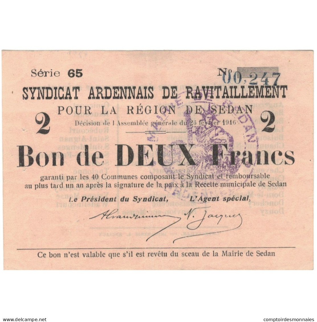 France, Sedan, 2 Francs, 1916, SUP, Pirot:08-284 - Notgeld