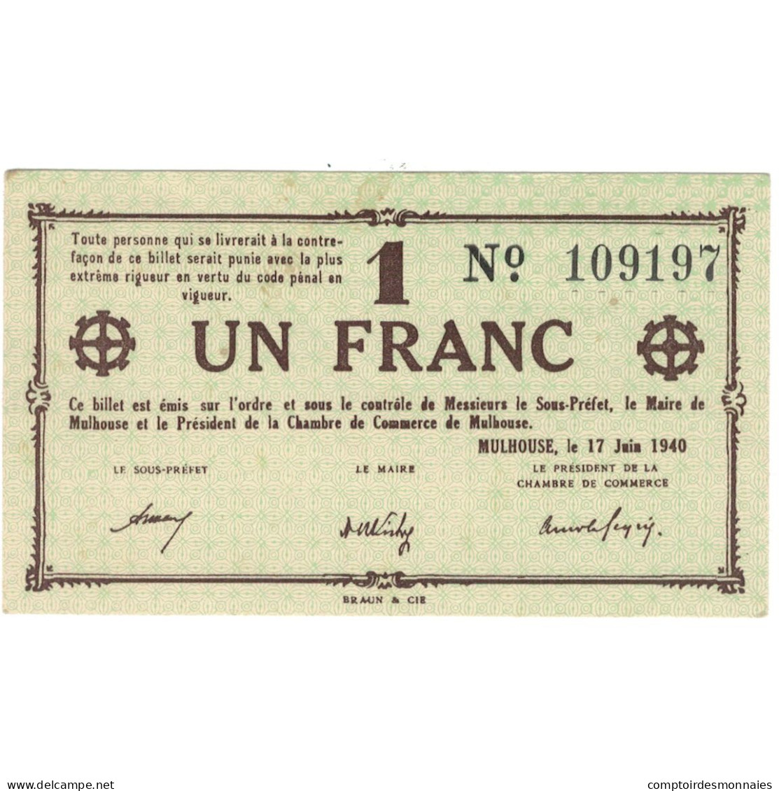 France, Mulhouse, 1 Franc, 1940, NEUF - Notgeld