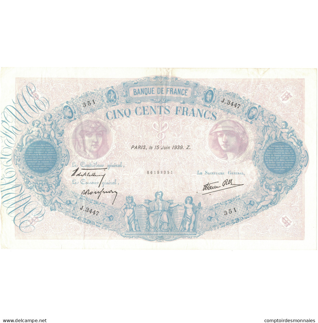 France, 500 Francs, Bleu Et Rose, 1939, J.3447351, SPL, Fayette:31.35, KM:88c - 500 F 1888-1940 ''Bleu Et Rose''