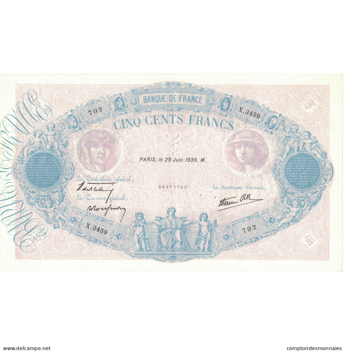 France, 500 Francs, Bleu Et Rose, 1939, X.3459702, SUP+, Fayette:31.35, KM:88c - 500 F 1888-1940 ''Bleu Et Rose''