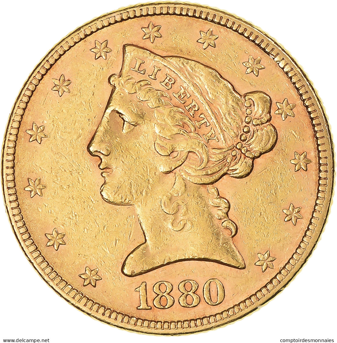 États-Unis, $5, Half Eagle, Coronet Head, 1880, Philadelphie, Or, TTB+, KM:101 - 5$ - Half Eagle - 1866-1908: Coronet Head