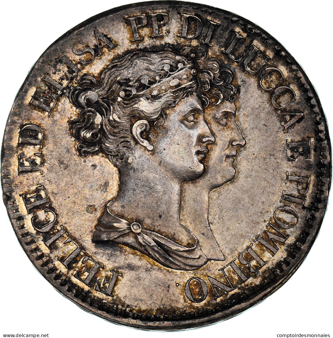 Monnaie, États Italiens, LUCCA, Felix And Elisa, 5 Franchi, 1808, Firenze, SUP - Lucca