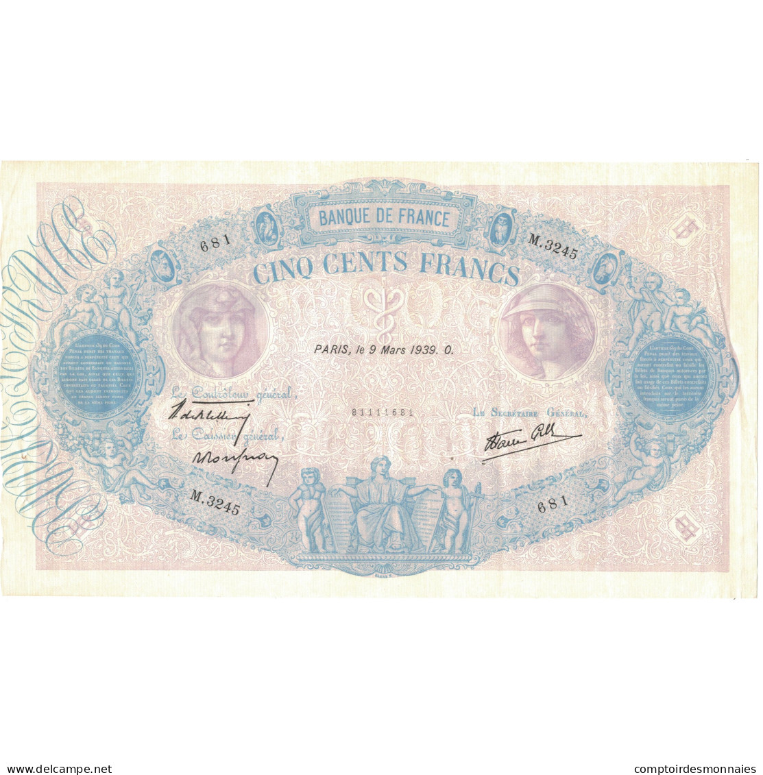 France, 500 Francs, Bleu Et Rose, 1939, M.3245, SUP, Fayette:31.26, KM:88c - 500 F 1888-1940 ''Bleu Et Rose''