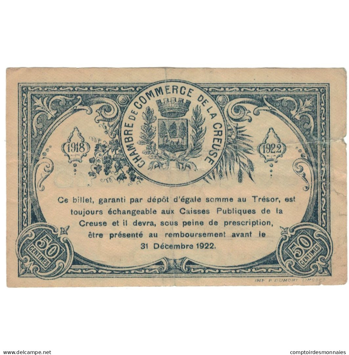 France, Guéret & Aubusson., 50 Centimes, 1918, SUP - Handelskammer