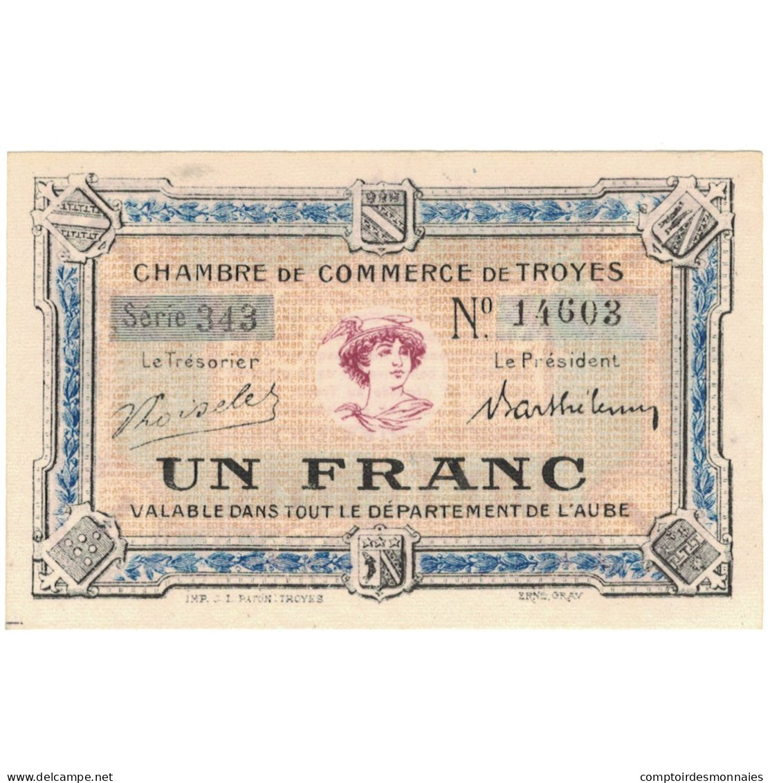 France, Troyes, 1 Franc, 1918, Chambre De Commerce, SUP+, Pirot:124-10 - Handelskammer