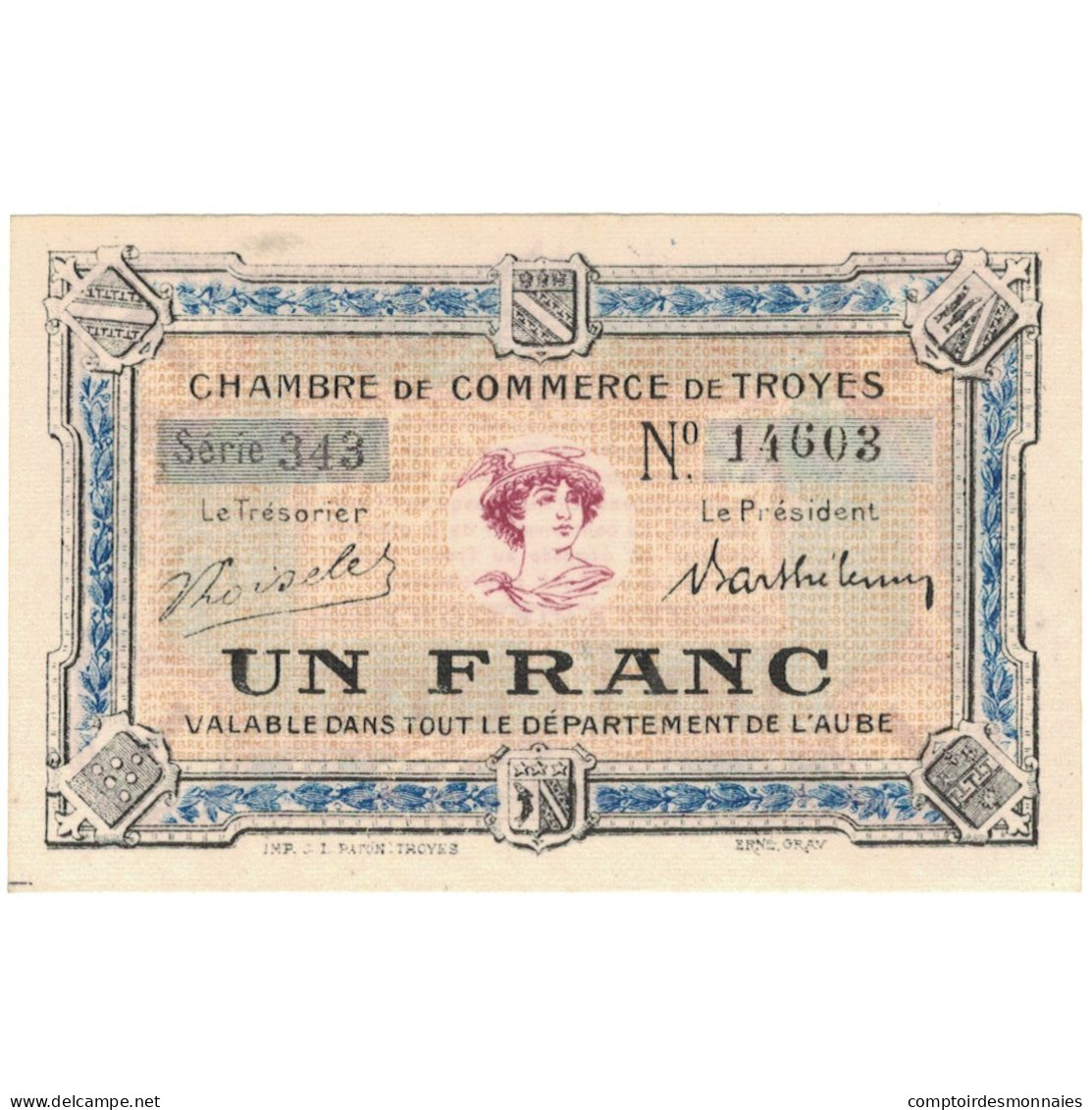 France, Troyes, 1 Franc, 1918, Chambre De Commerce, SUP+, Pirot:124-10 - Chambre De Commerce