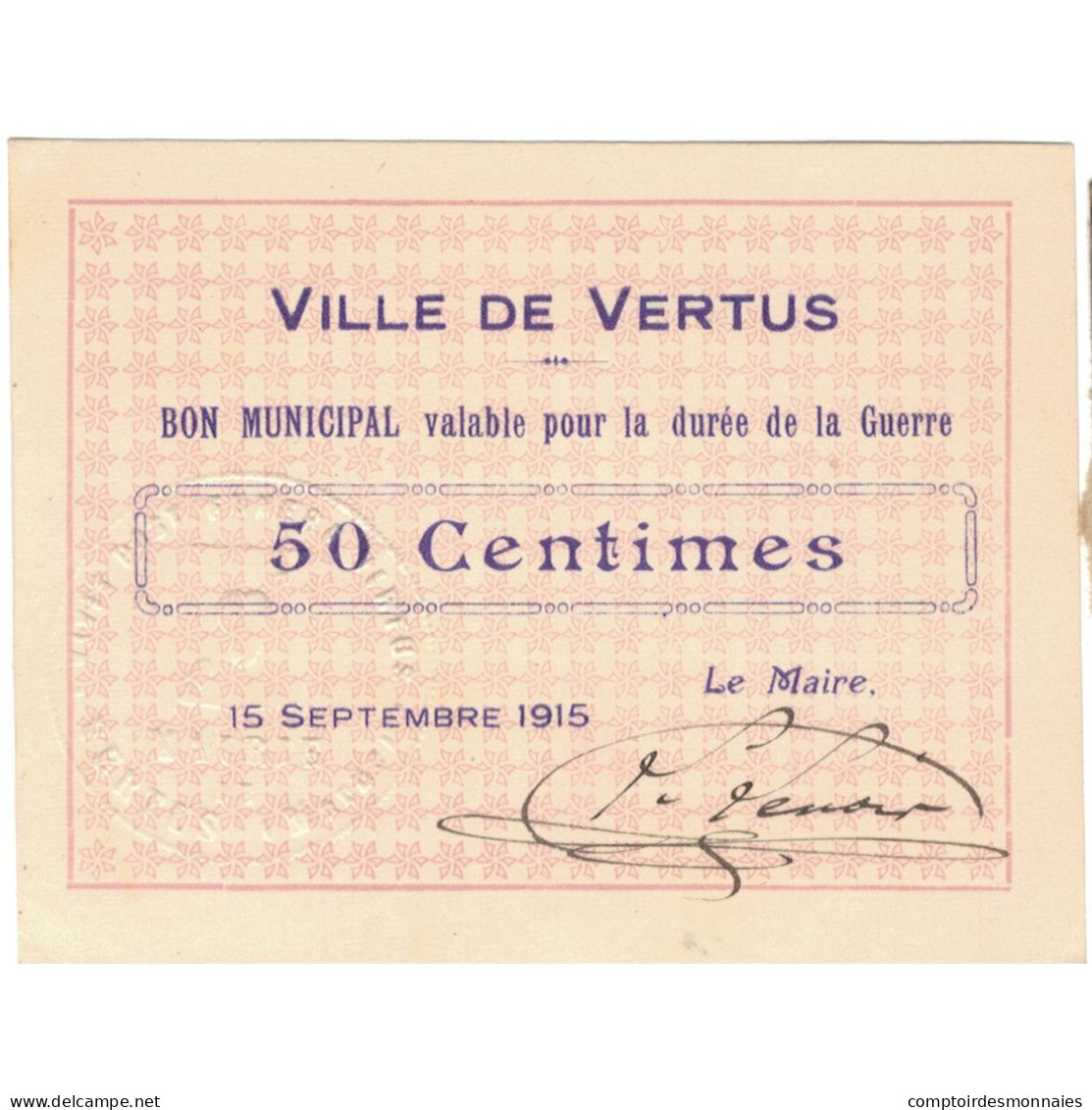 Billet, France, Vertus, 50 Centimes, 1915, SPL, Pirot:51-51 - Bons & Nécessité