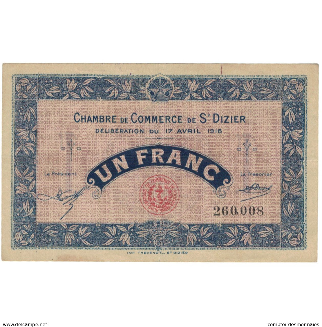France, Saint-Dizier, 1 Franc, 1916, TTB, Pirot:113-12 - Chambre De Commerce