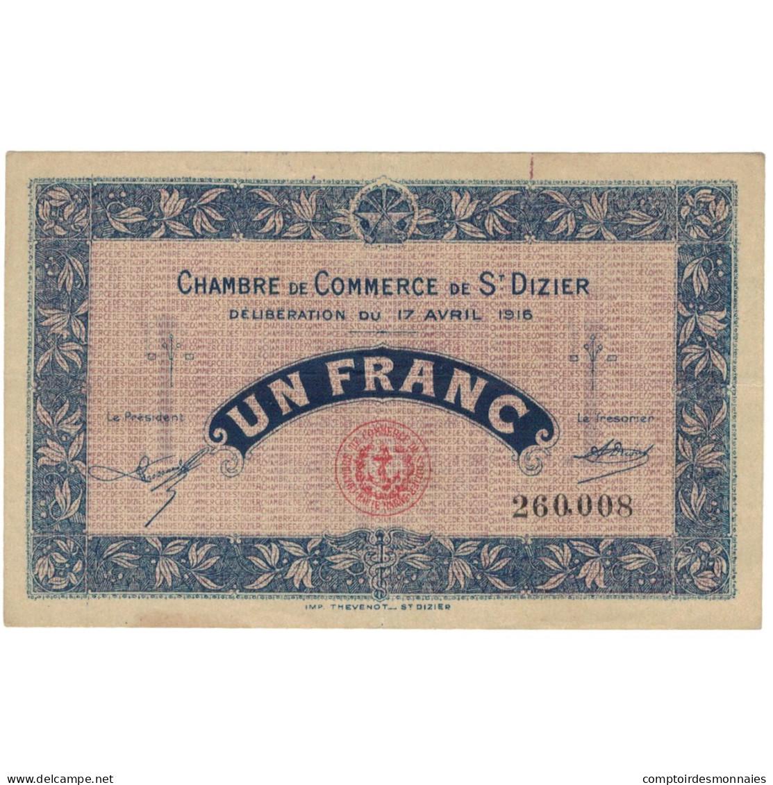 France, Saint-Dizier, 1 Franc, 1916, TTB, Pirot:113-12 - Camera Di Commercio