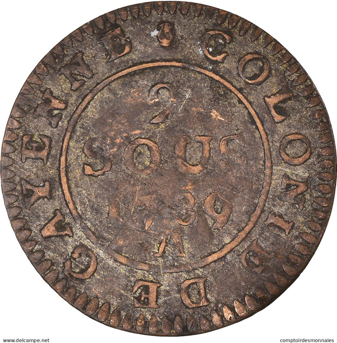 Monnaie, Guyane Française, 2 Sous, 1789, Paris, TTB, Billon, KM:1, Lecompte:20 - Other & Unclassified
