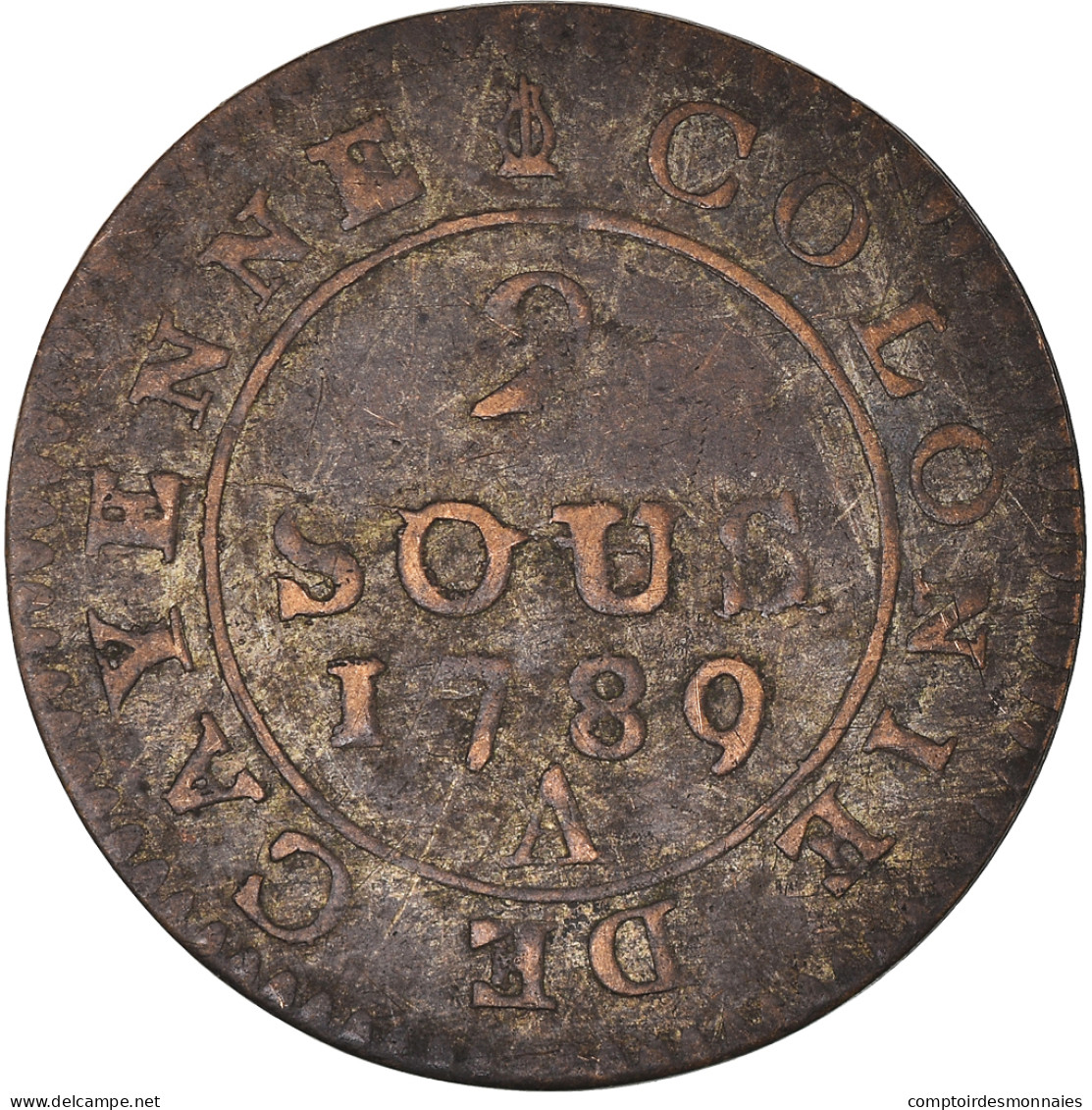 Monnaie, Guyane Française, 2 Sous, 1789, Paris, TTB, Billon, KM:1, Lecompte:20 - Andere & Zonder Classificatie