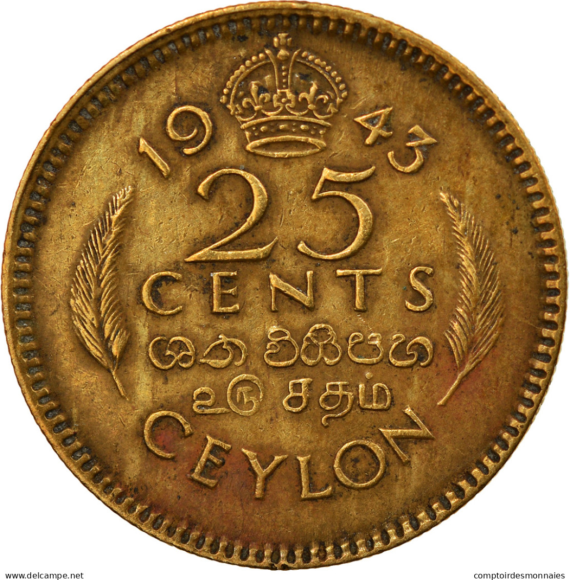 Monnaie, Ceylon, George VI, 25 Cents, 1943, TTB+, Nickel-brass, KM:115 - Sri Lanka