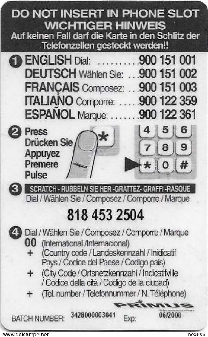 Spain - Primus - Holiday Card Primus, Exp.06.2000, Remote Mem. 2.000PTA, Used - Otros & Sin Clasificación