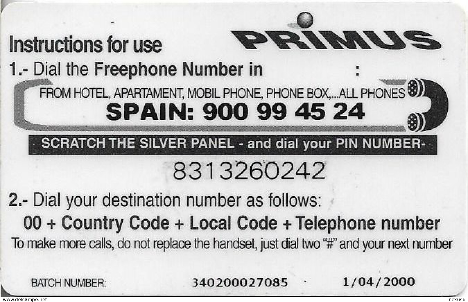 Spain - Primus - Faces, Exp.01.04.2000, Remote Mem. 2.000PTA, Used - Sonstige & Ohne Zuordnung