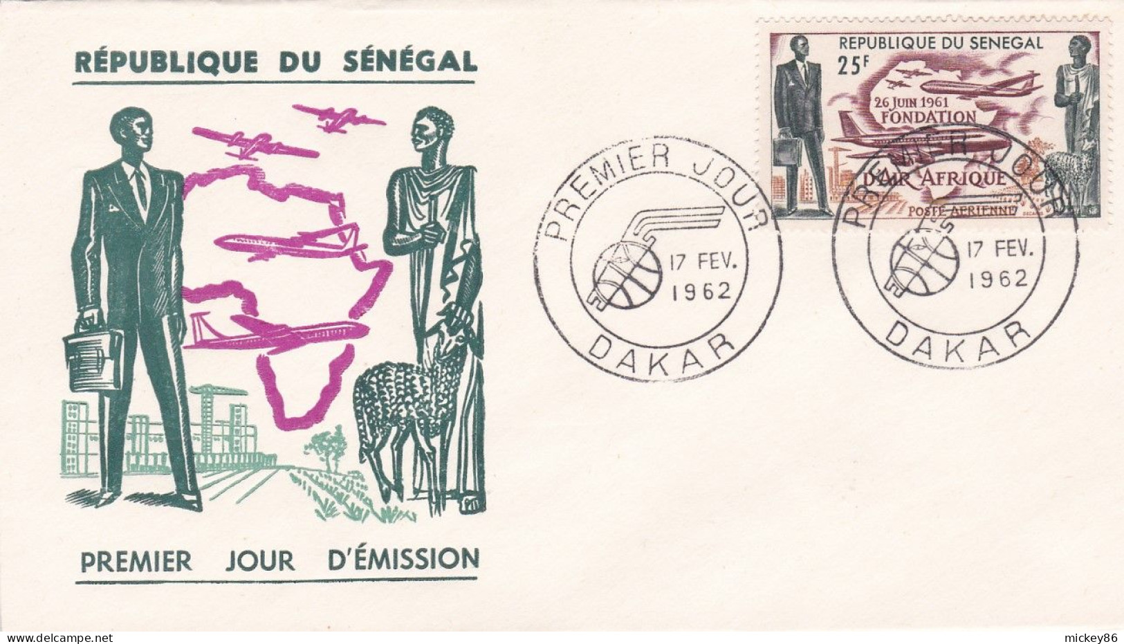 SENEGAL - 1962 -- FDC  Fondation D'AIR AFRIQUE  (avions)... Cachet  DAKAR - Sénégal (1960-...)