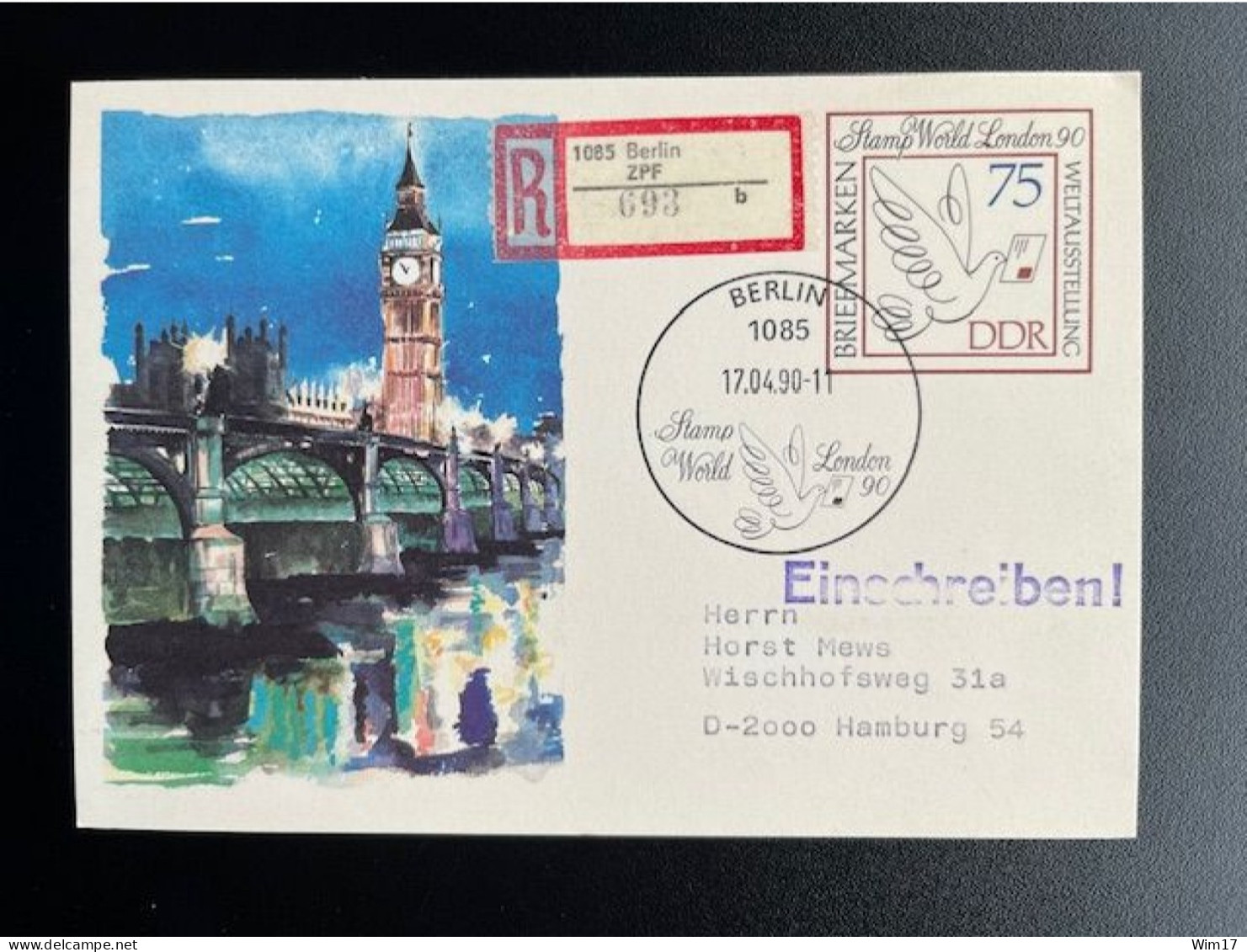 EAST GERMANY DDR 1990 REGISTERED POSTCARD BERLIN TO HAMBURG 17-04-1990 OOST DUITSLAND DEUTSCHLAND EINSCHREIBEN - Cartes Postales - Oblitérées