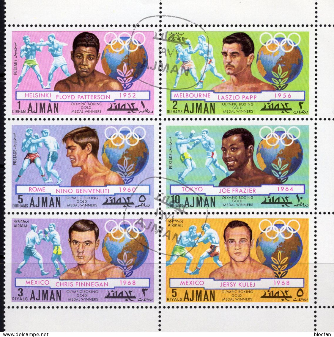 Tokyo 1964 Ajman 1054/9,6-Block+KB O 6€ Box-Sieger  Olympiade Joe Frazier USA Boxkampf Erdkugel Se-tenants Olympics - Verano 1964: Tokio