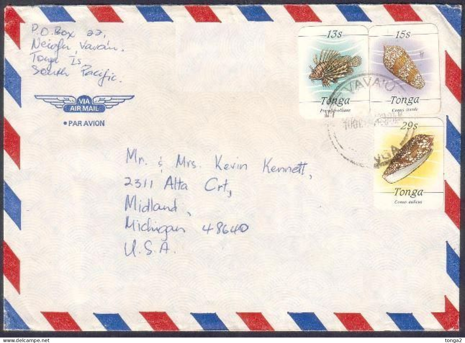 Tonga  Marine Life Cover - Usage 1984  13s Fish, 15s Shell, 29s Shell Pays Zone 2 57s Rate To USA - Tonga (1970-...)