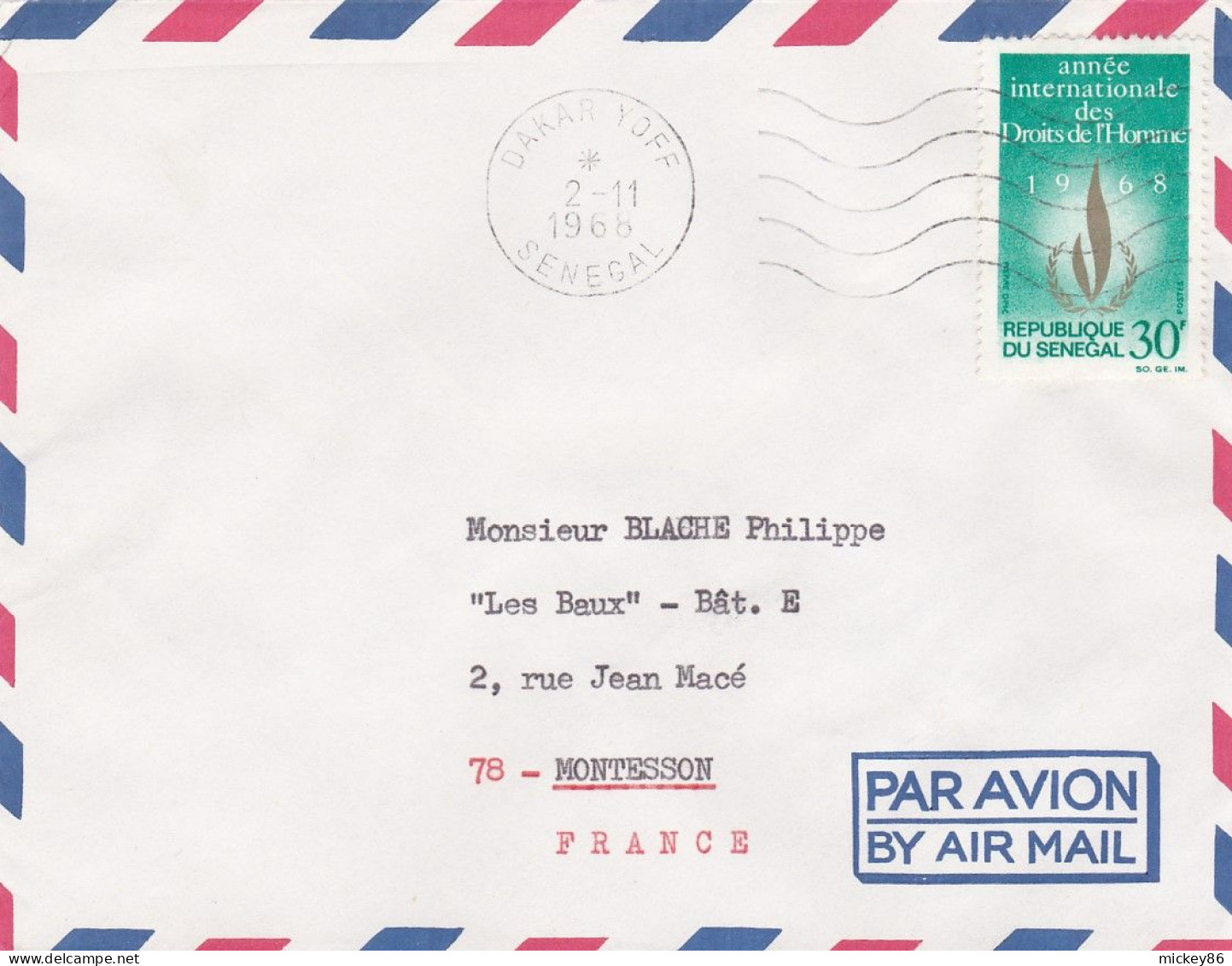 SENEGAL -1968 -lettre De DAKAR YOFF Pour MONTESSON-78 (France) Timbre Droits De L'homme Seul Sur Lettre  Cachet - Sénégal (1960-...)