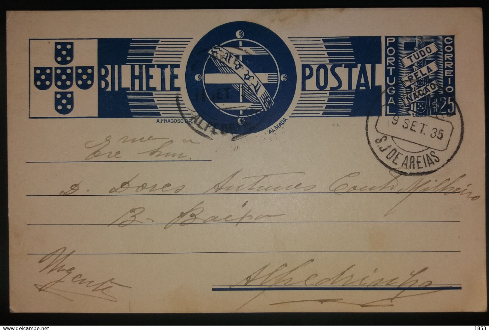 BILHETE POSTAL - TUDO PELA NAÇÂO - MARCOFILIA - S.J DE AREIAS - Marcophilie