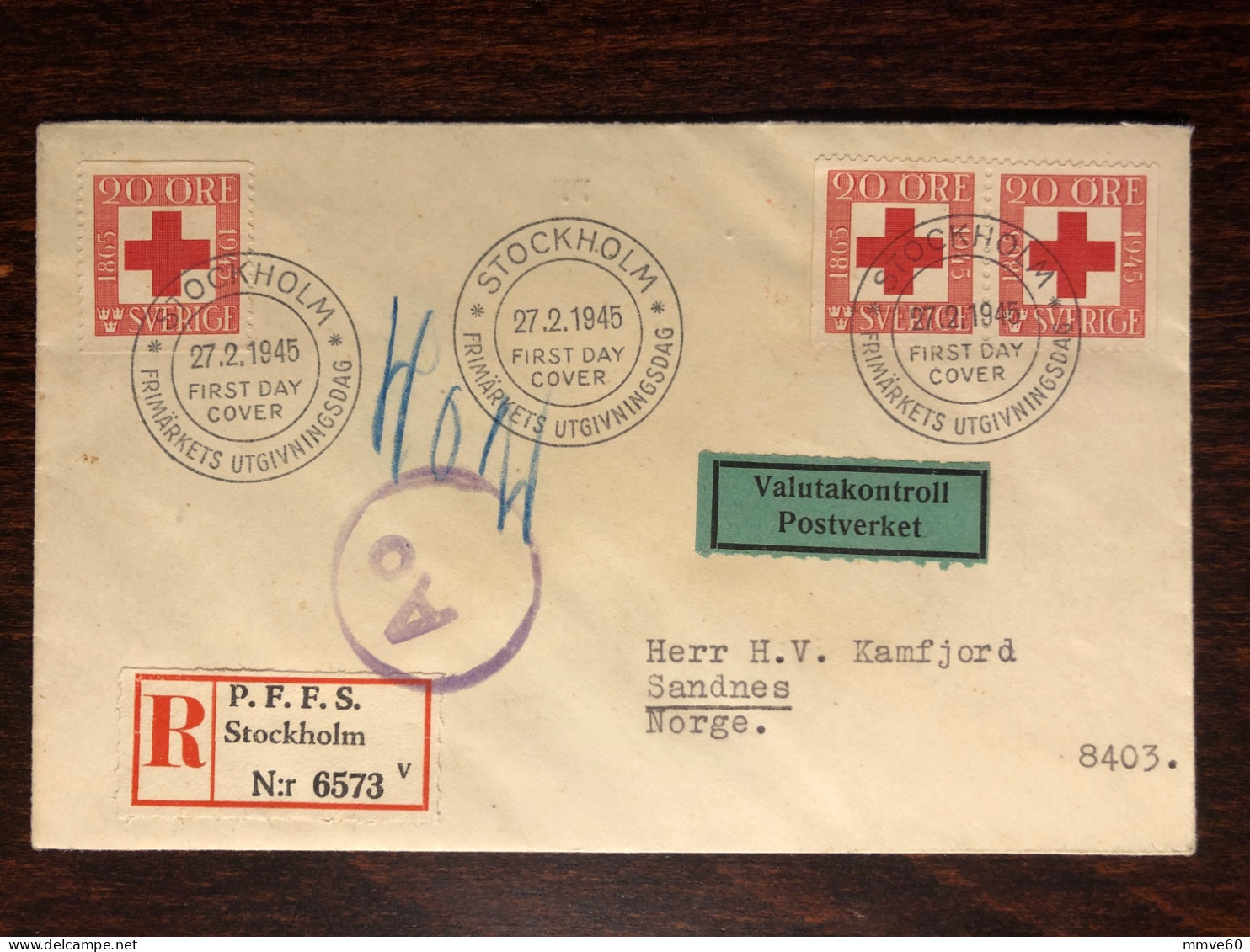 SWEDEN FDC COVER REGISTERED LETTER TO NORWAY 1945 YEAR RED CROSS HEALTH MEDICINE STAMPS - FDC