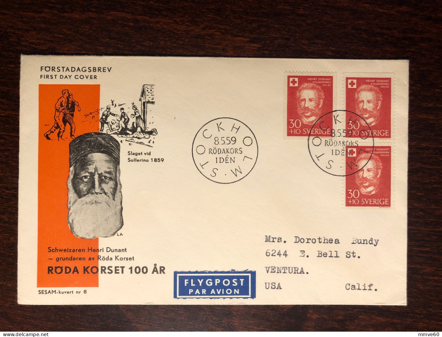 SWEDEN FDC COVER LETTER TO USA 1959 YEAR RED CROSS DUNANT HEALTH MEDICINE STAMPS - FDC