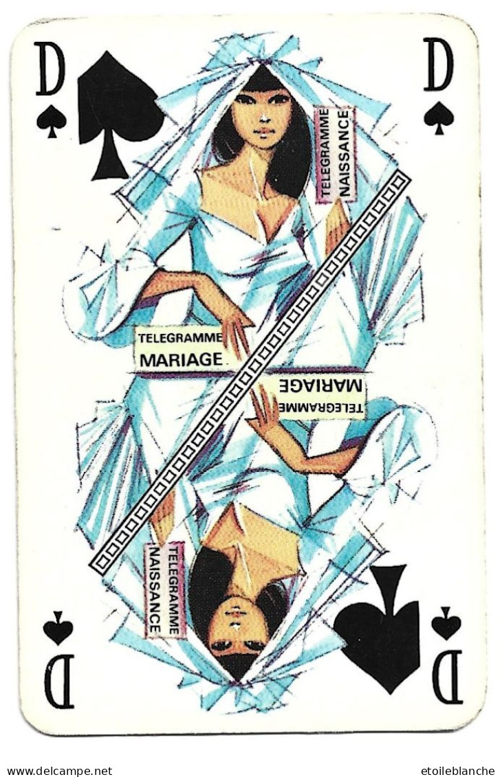 Carte-jeu, Dame De Pique, La Poste, France, Femme, Robe De Mariée, Télégramme Mariage, Naissance, Message, Logo PTT - Barajas De Naipe