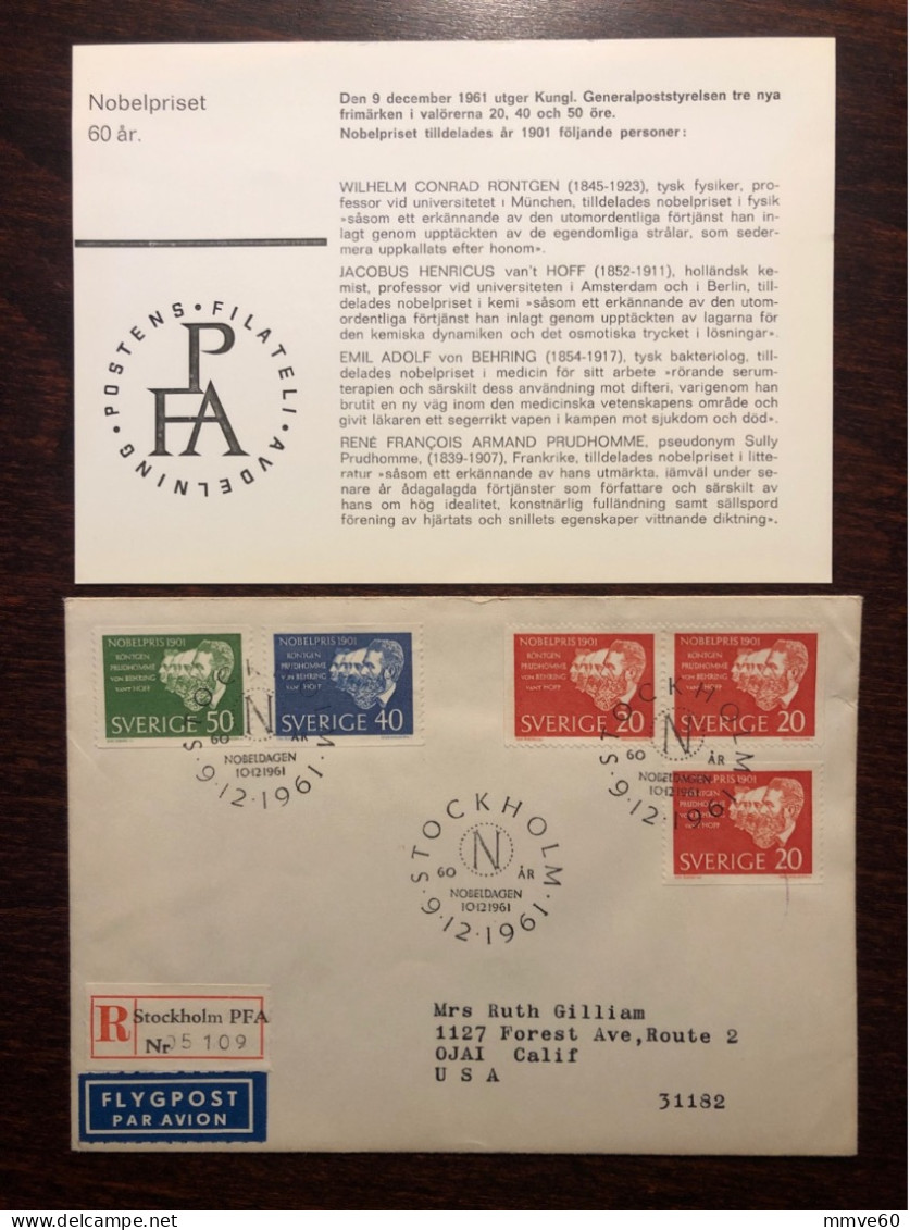 SWEDEN FDC COVER REGISTERED LETTER TO USA 1961 YEAR NOBEL PRIZE RONTGEN BEHRING HEALTH MEDICINE STAMPS - FDC