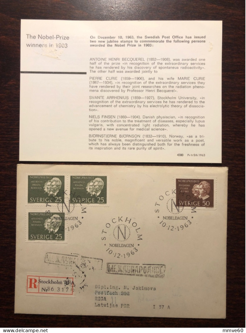 SWEDEN FDC COVER REGISTERED LETTER TO USSR 1963 YEAR NOBEL PRIZE CURIE FINSEN HEALTH MEDICINE STAMPS - FDC