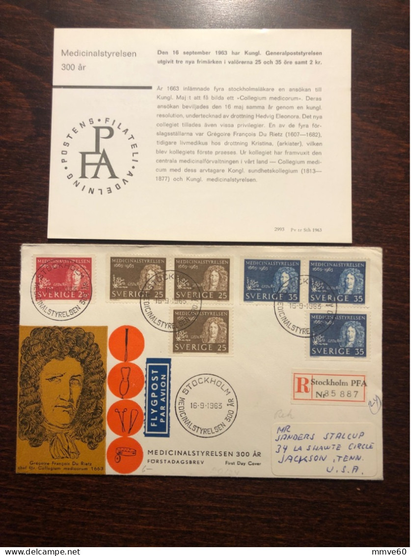 SWEDEN FDC COVER REGISTERED LETTER TO USA 1963 YEAR DOCTOR RIETZ HEALTH MEDICINE STAMPS - FDC