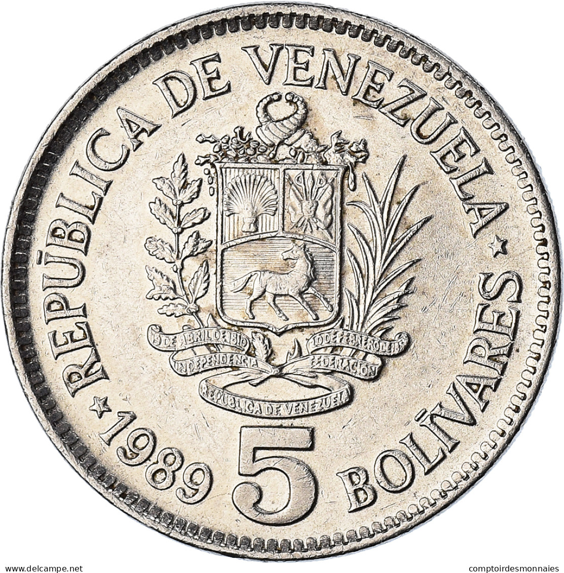 Monnaie, Venezuela, 5 Bolivares, 1989, Werdohl, TTB+, Nickel Clad Steel - Venezuela
