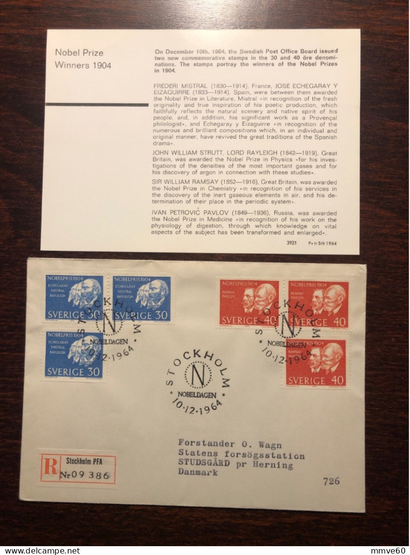 SWEDEN FDC COVER REGISTERED LETTER TO DENMARK 1964 YEAR NOBEL PRIZE PAVLOV HEALTH MEDICINE STAMPS - FDC