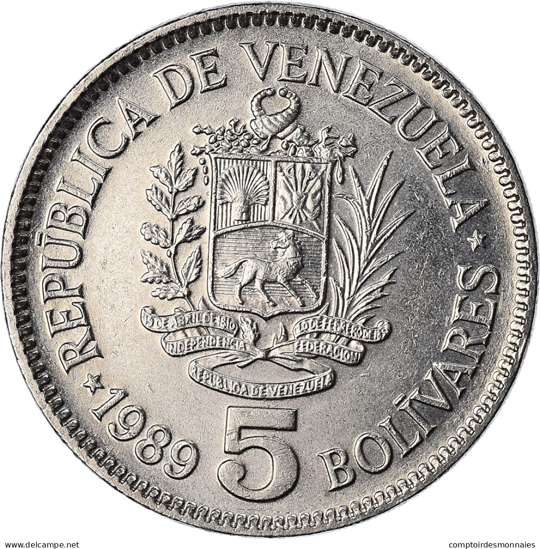 Monnaie, Venezuela, 5 Bolivares, 1989, Werdohl, TTB+, Nickel Clad Steel - Venezuela