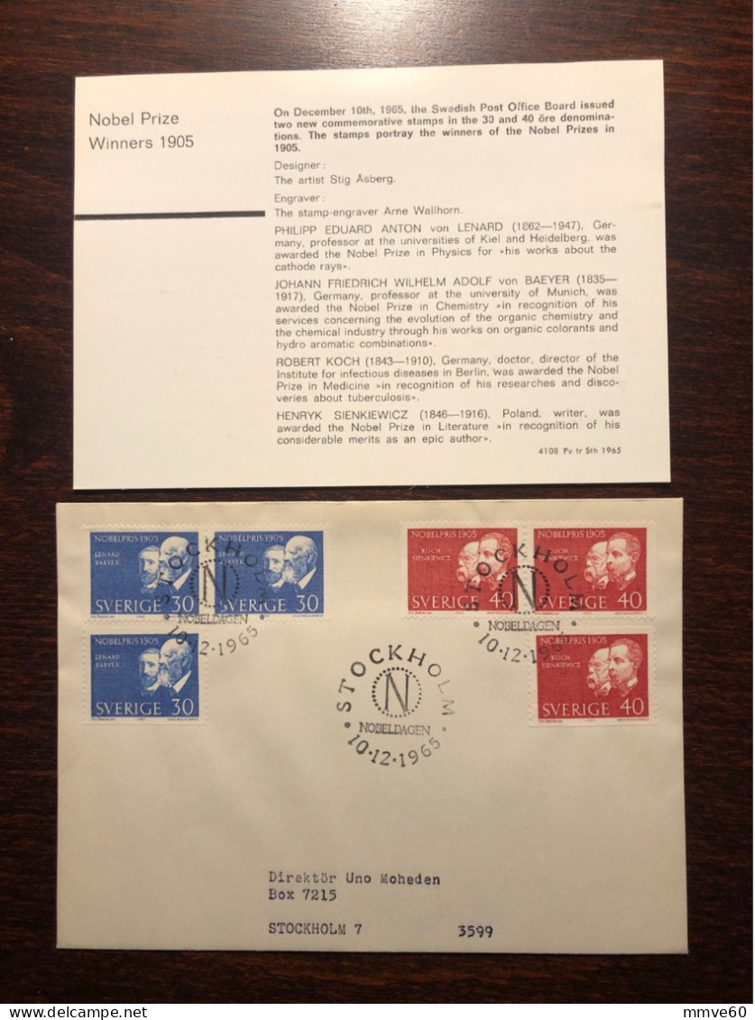 SWEDEN FDC COVER 1962 YEAR NOBEL PRIZE KOCH BAEYER HEALTH MEDICINE STAMPS - FDC