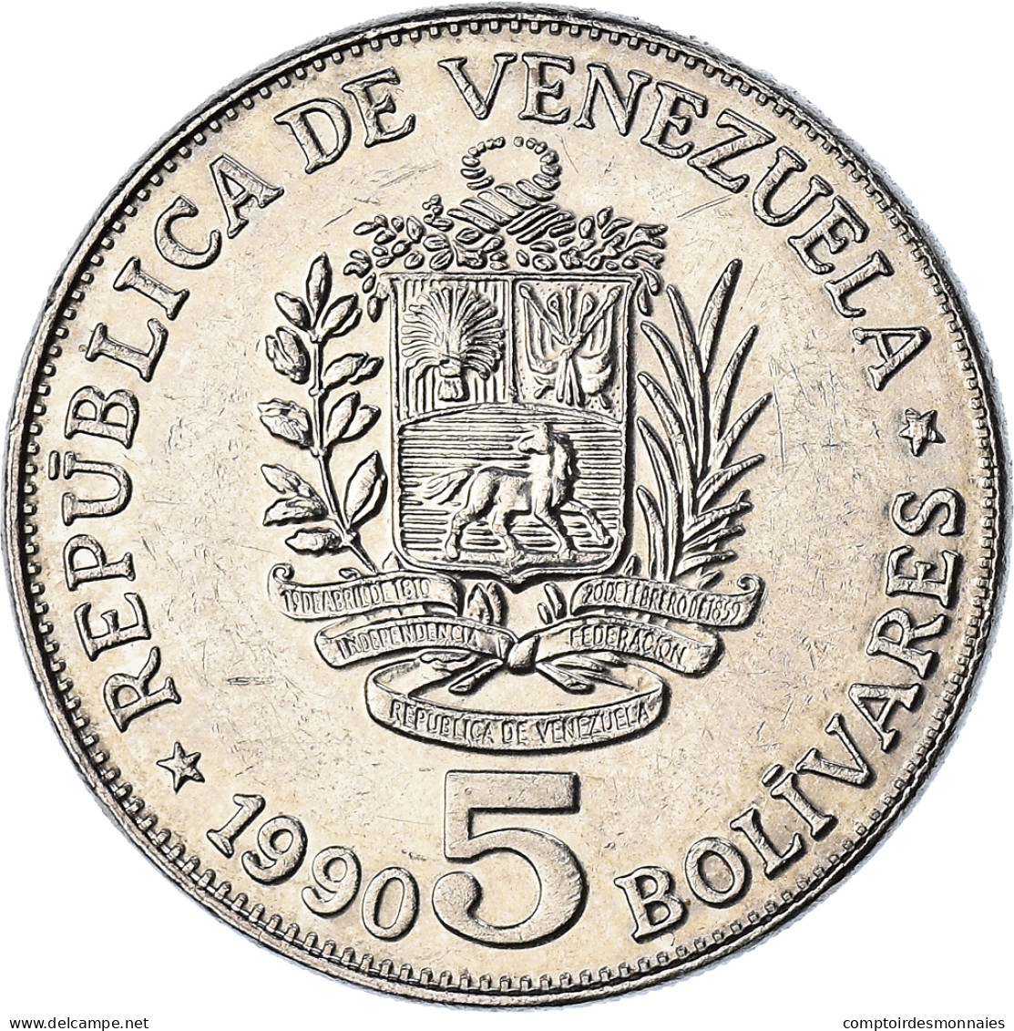 Monnaie, Venezuela, 5 Bolivares, 1990, TTB+, Nickel Clad Steel, KM:53a.2 - Venezuela