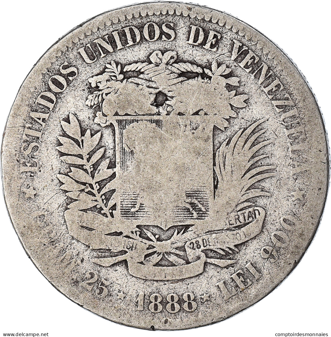 Monnaie, Venezuela, Gram 25, 5 Bolivares, 1888, B+, Argent, KM:24.1 - Venezuela