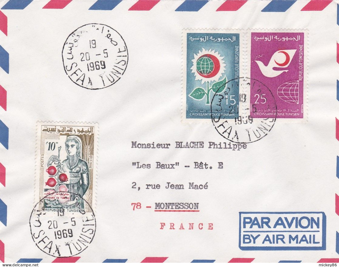 TUNISIE -1969--lettre SFAX  Pour Montesson-78 (France),.timbres "croissant Rouge "(2 Valeurs)+ Produits Tunisie ..cachet - Tunisia (1956-...)