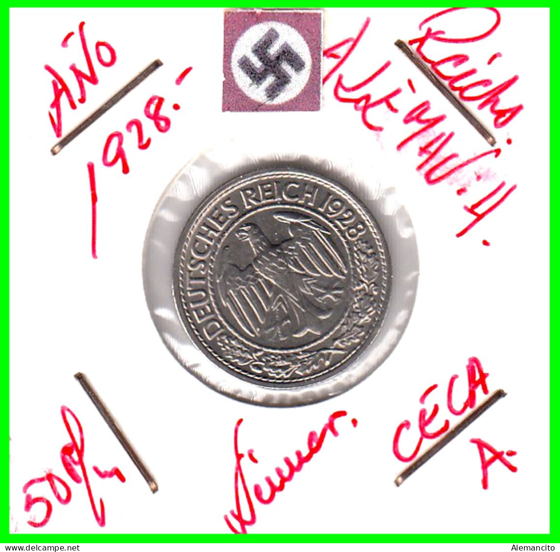 GERMANY REPÚBLICA DE WEIMAR 50 REICHSPFENNIG ( 1928 CECA - A )  (REICHSPFENNIG KM # 40 - 50 Rentenpfennig & 50 Reichspfennig