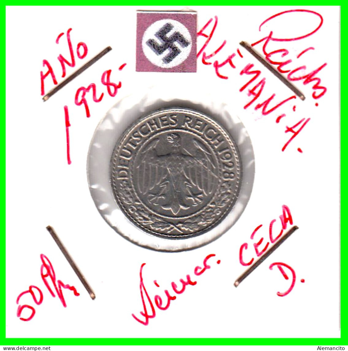 GERMANY REPÚBLICA DE WEIMAR 50 REICHSPFENNIG ( 1928 CECA - D )  (REICHSPFENNIG KM # 40 - 50 Renten- & 50 Reichspfennig