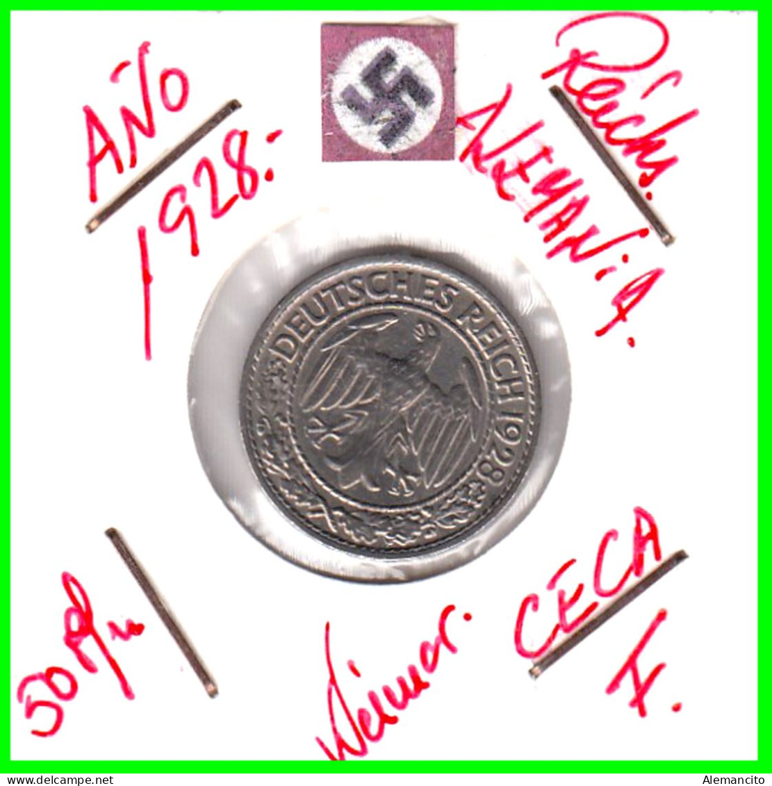 GERMANY REPÚBLICA DE WEIMAR 50 REICHSPFENNIG ( 1928 CECA - F )  (REICHSPFENNIG KM # 40 - 50 Renten- & 50 Reichspfennig